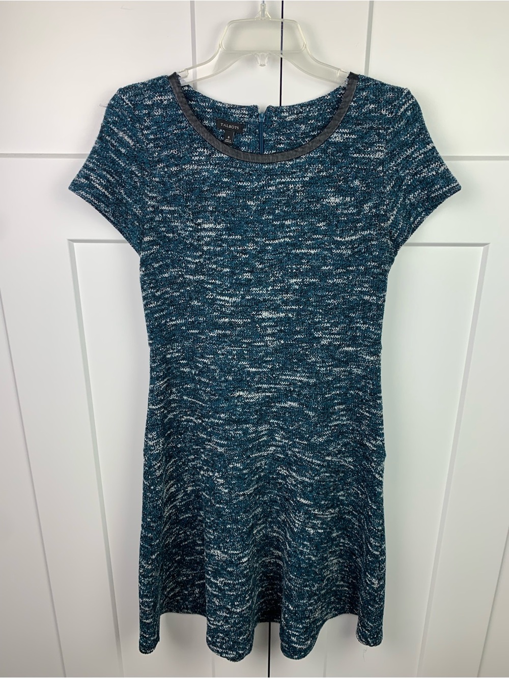 Talbots Tweed Dress Short Sleeve size 8 leather trim teal blue academia career